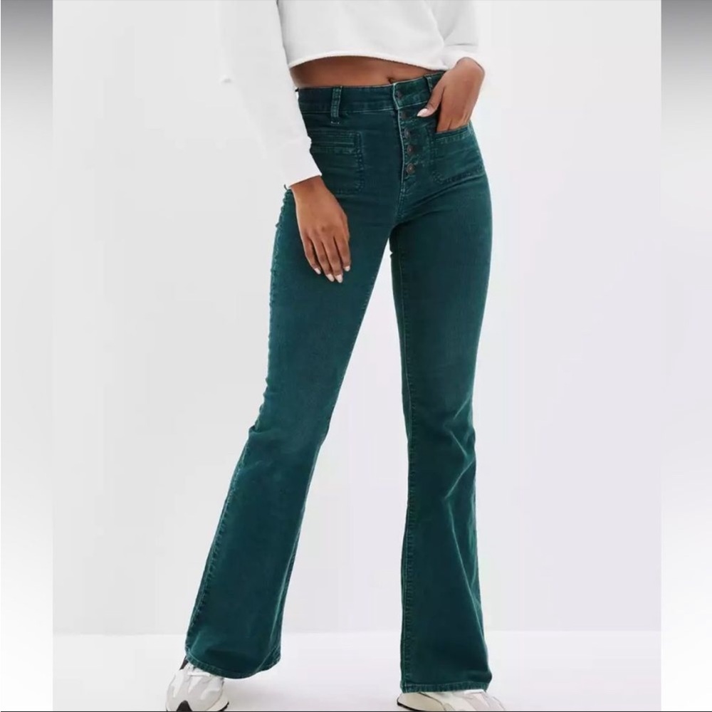 American Eagle Super Hi-Rise Flare Green Corduroy Pants